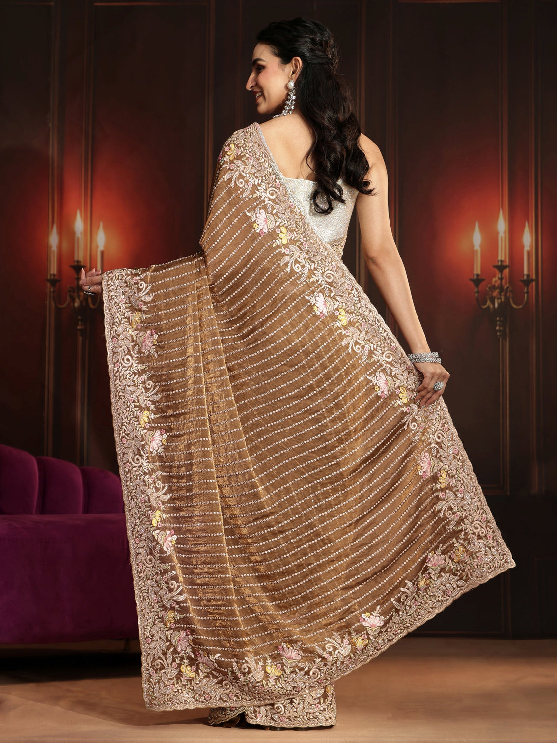 Mameraa Art Henna Green Embellished Tissue Saree