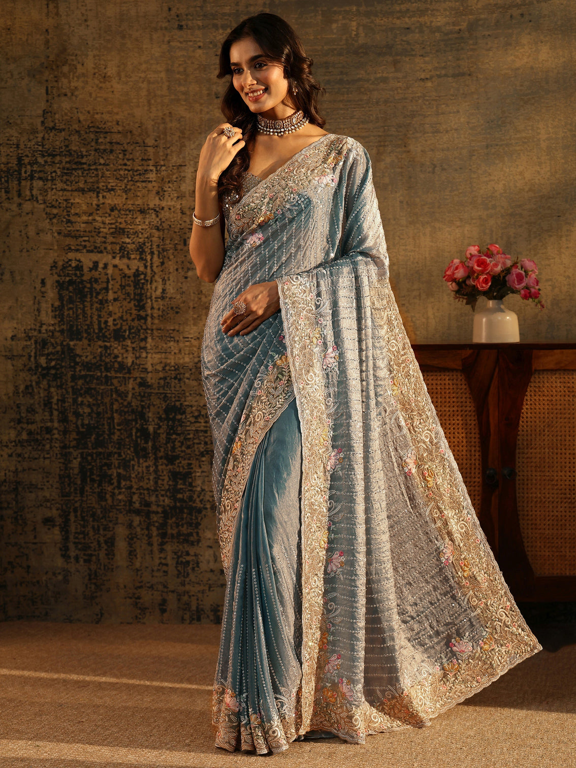 Mameraa Art Powder Blue Embellished Tissue Saree with Floral Border