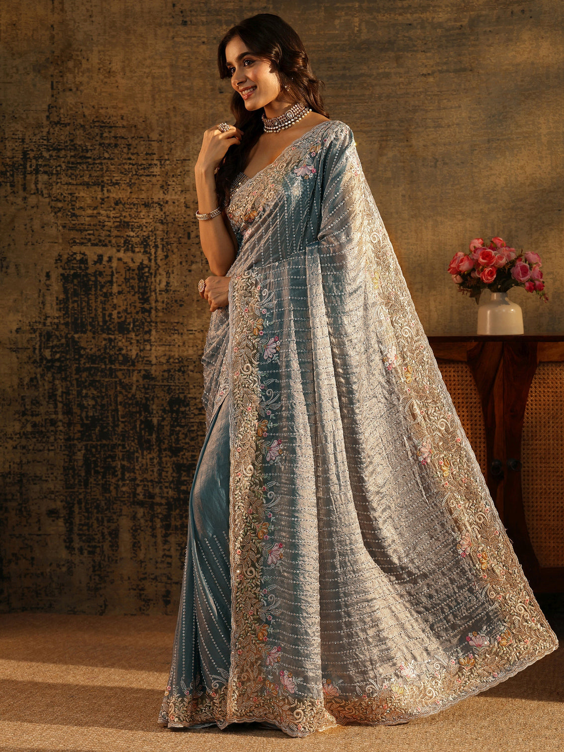 Mameraa Art Powder Blue Embellished Tissue Saree with Floral Border