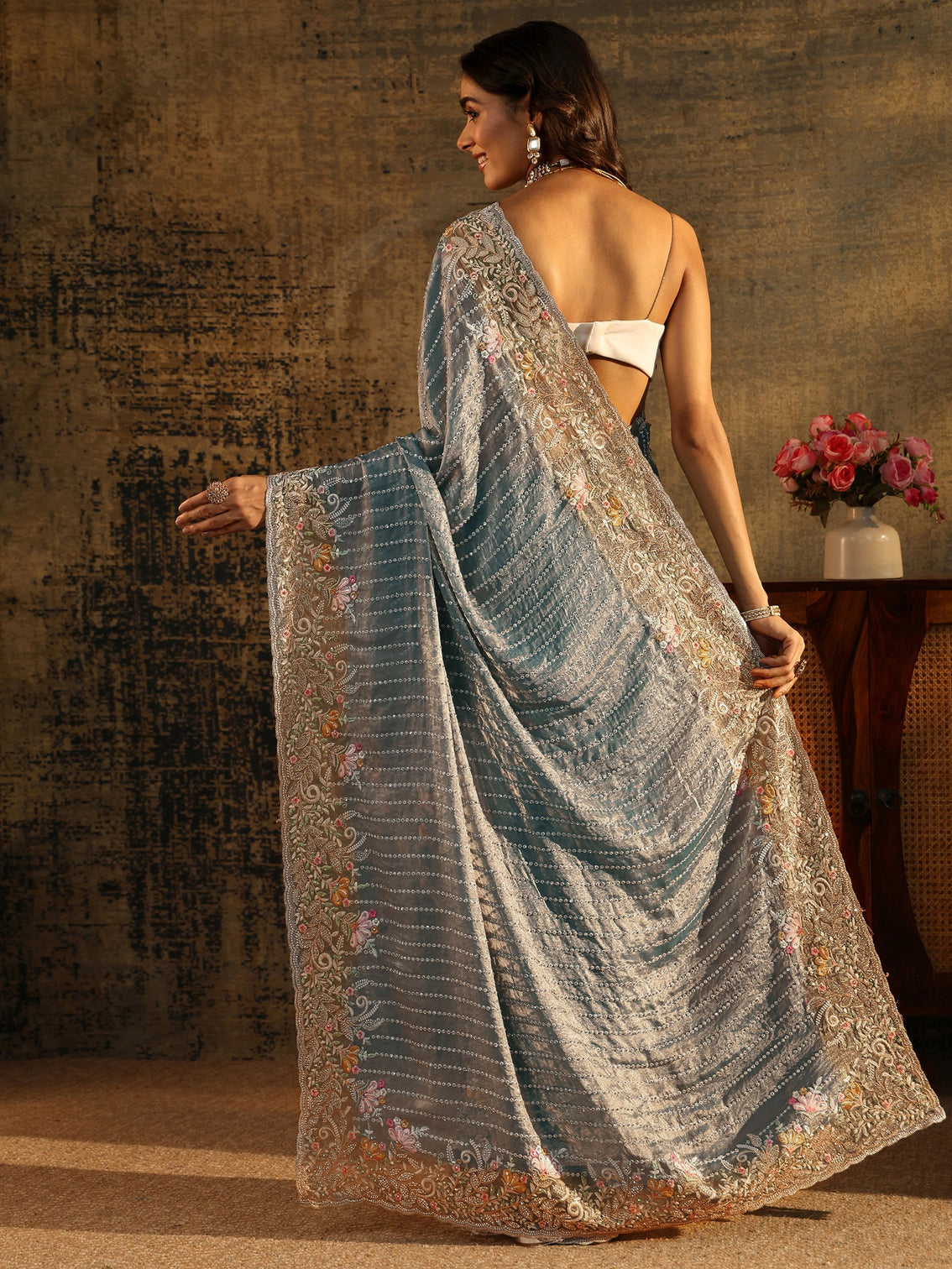 Mameraa Art Powder Blue Embellished Tissue Saree with Floral Border