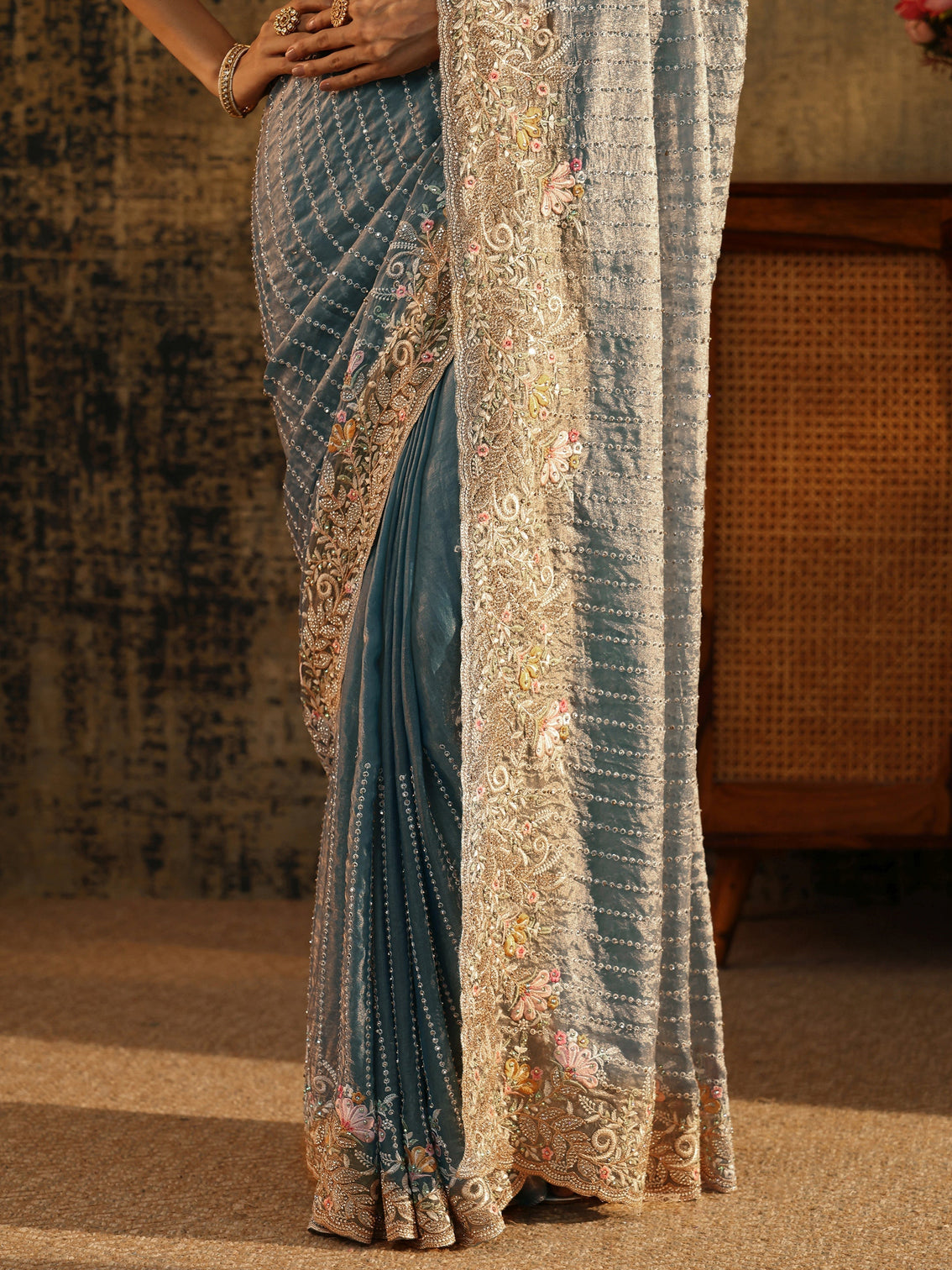 Mameraa Art Powder Blue Embellished Tissue Saree with Floral Border