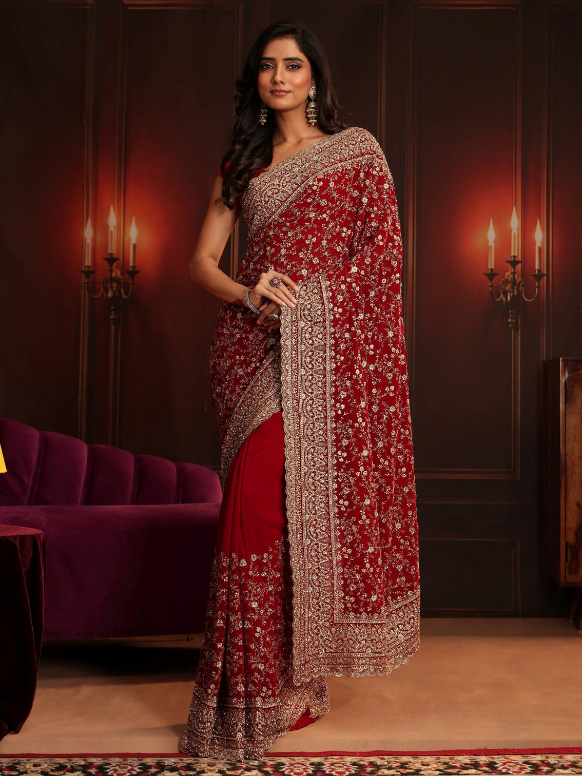 Mameraa Art Deep Maroon Red Embroidered Georgette Saree