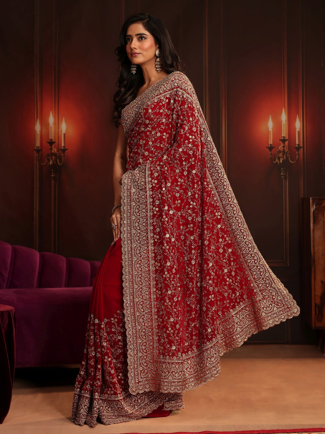 Mameraa Art Deep Maroon Red Embroidered Georgette Saree