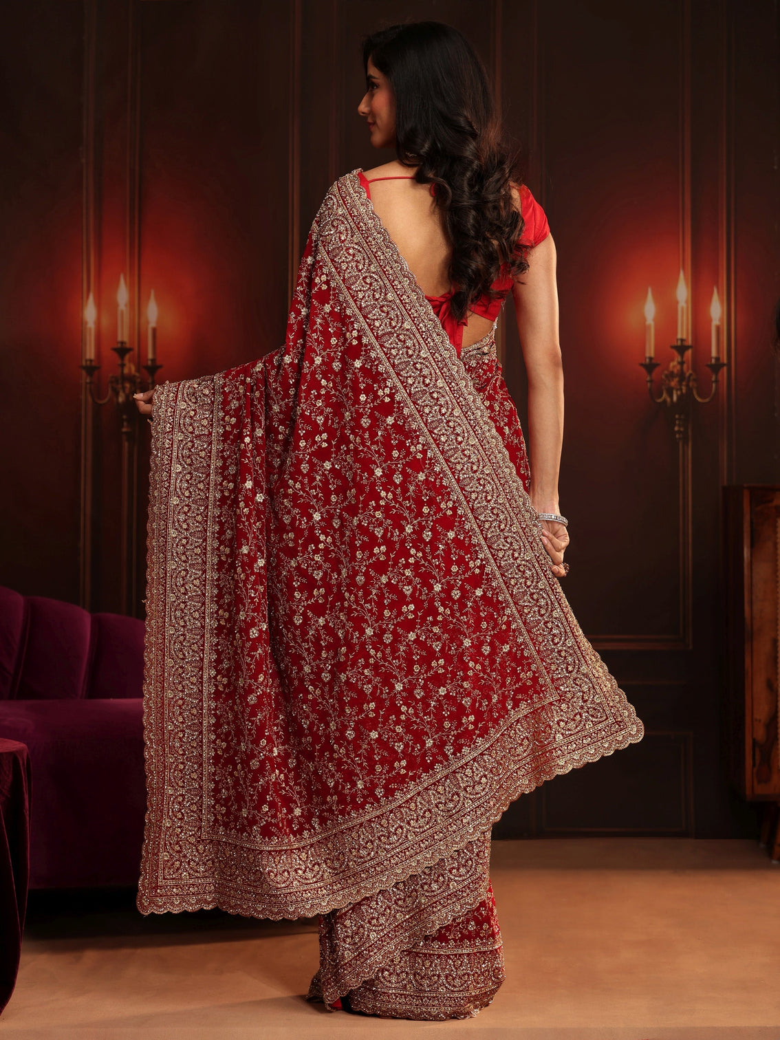 Mameraa Art Deep Maroon Red Embroidered Georgette Saree