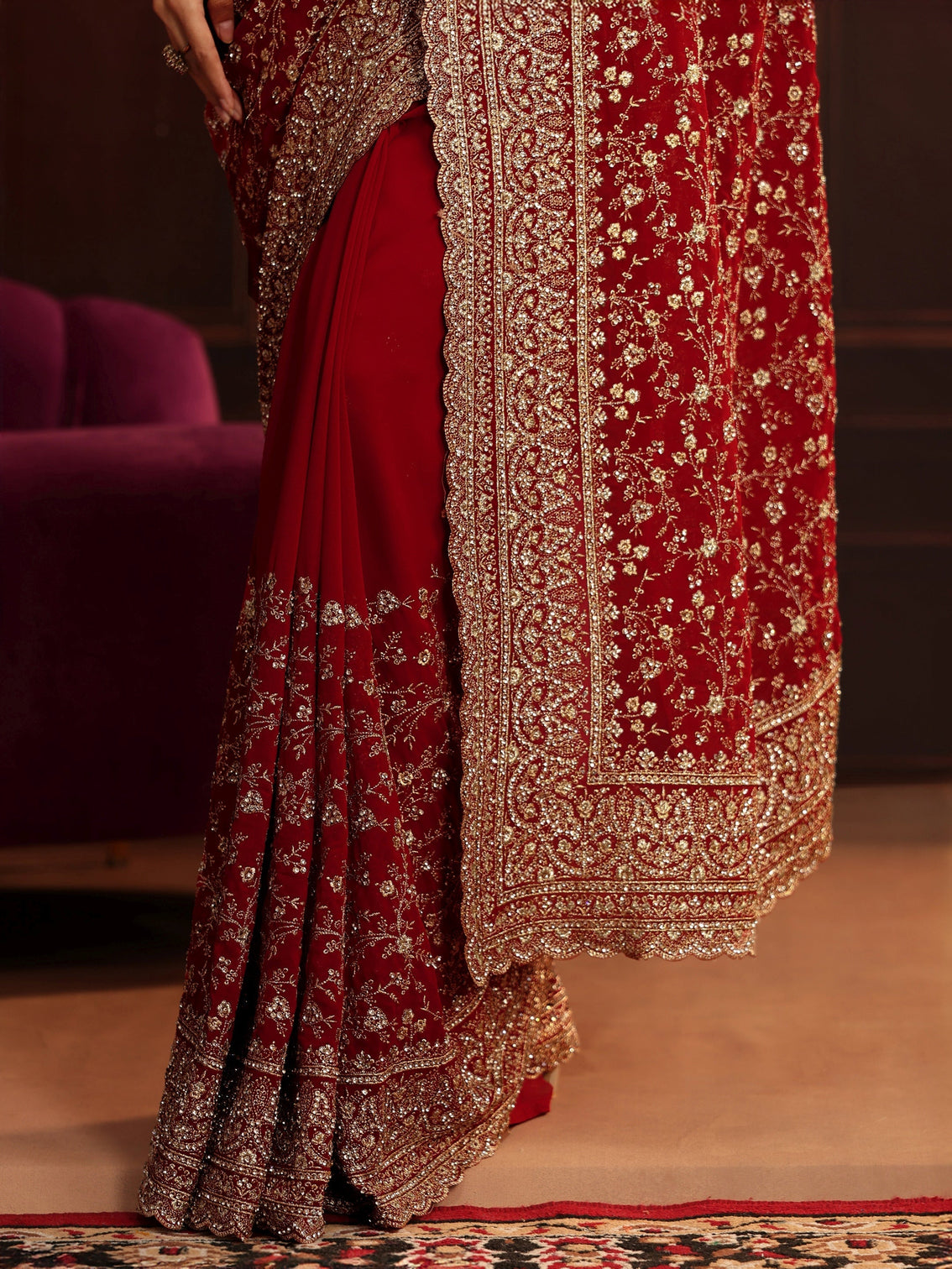 Mameraa Art Deep Maroon Red Embroidered Georgette Saree
