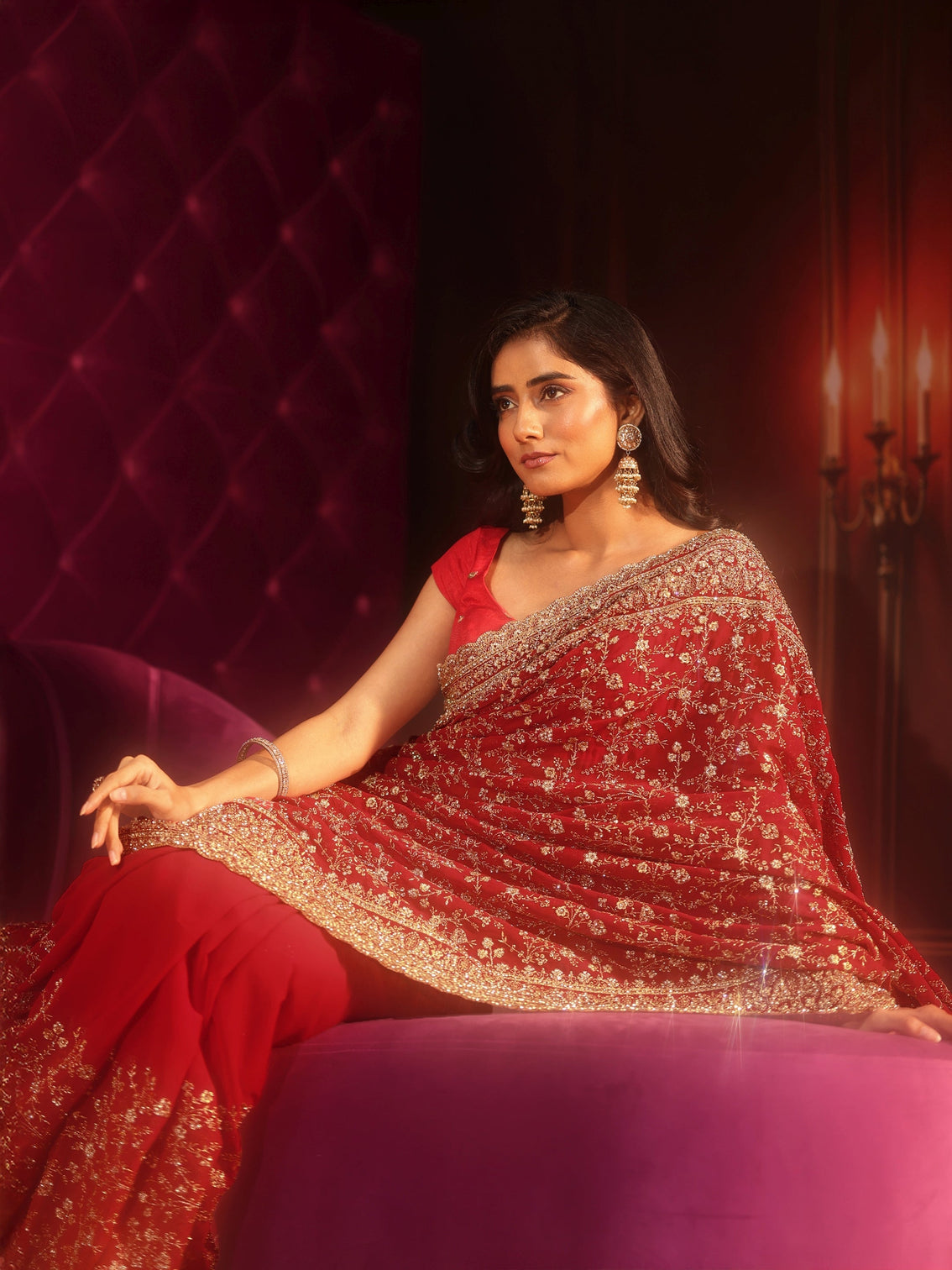 Mameraa Art Deep Maroon Red Embroidered Georgette Saree