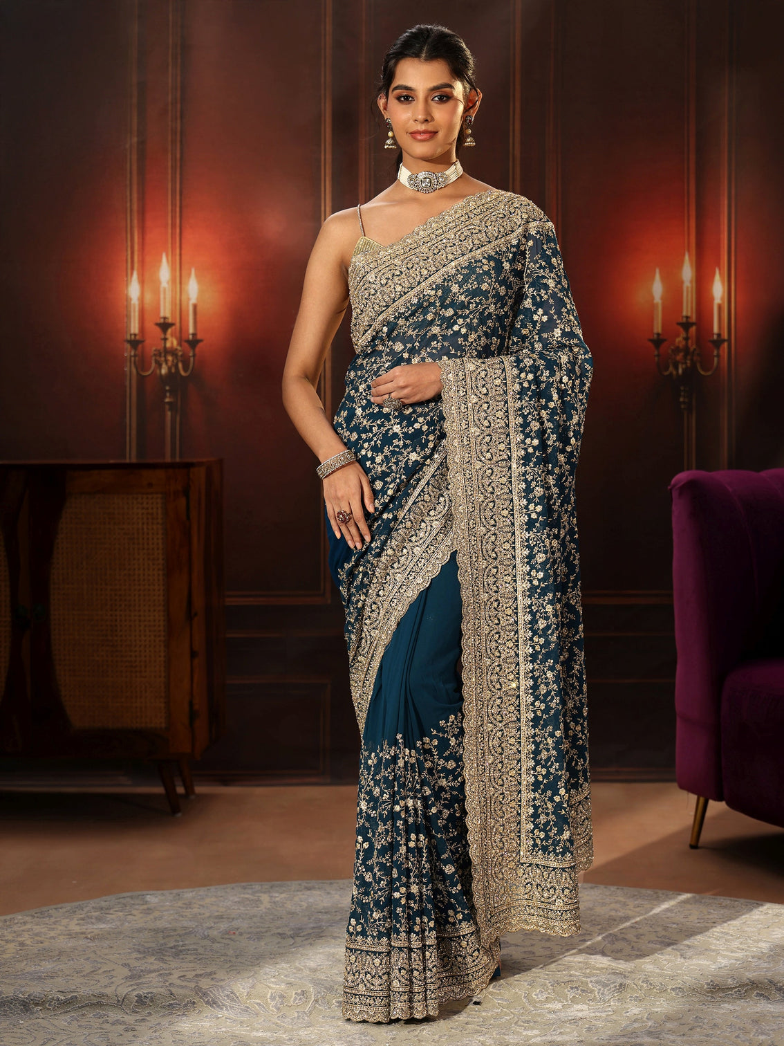 Mameraa Art Teal Blue Floral Embroidered Georgette Saree