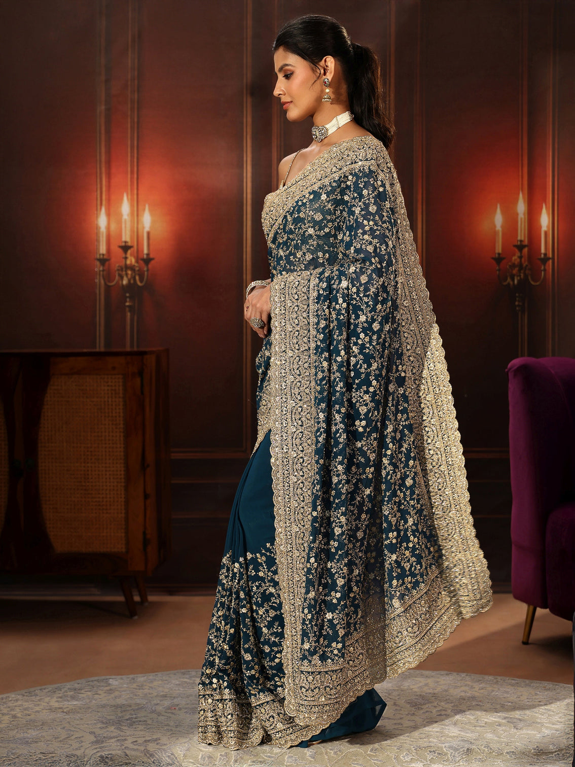 Mameraa Art Teal Blue Floral Embroidered Georgette Saree