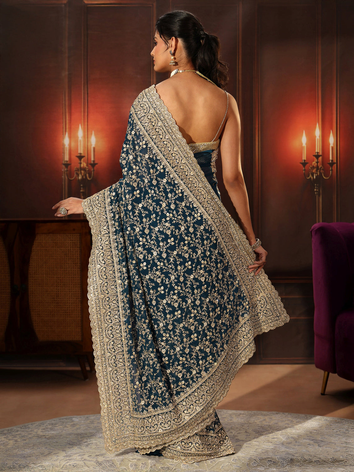 Mameraa Art Teal Blue Floral Embroidered Georgette Saree