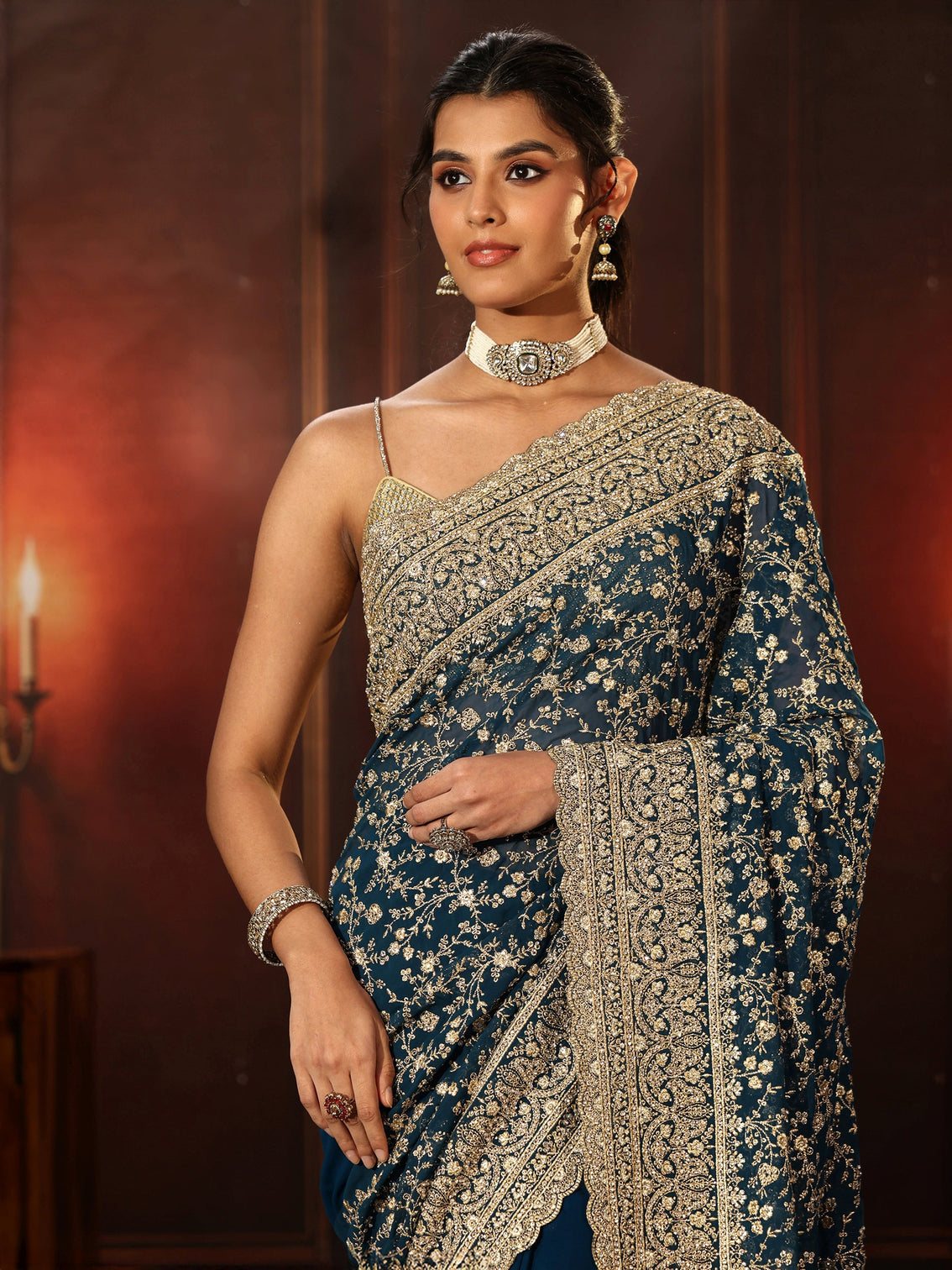Mameraa Art Teal Blue Floral Embroidered Georgette Saree