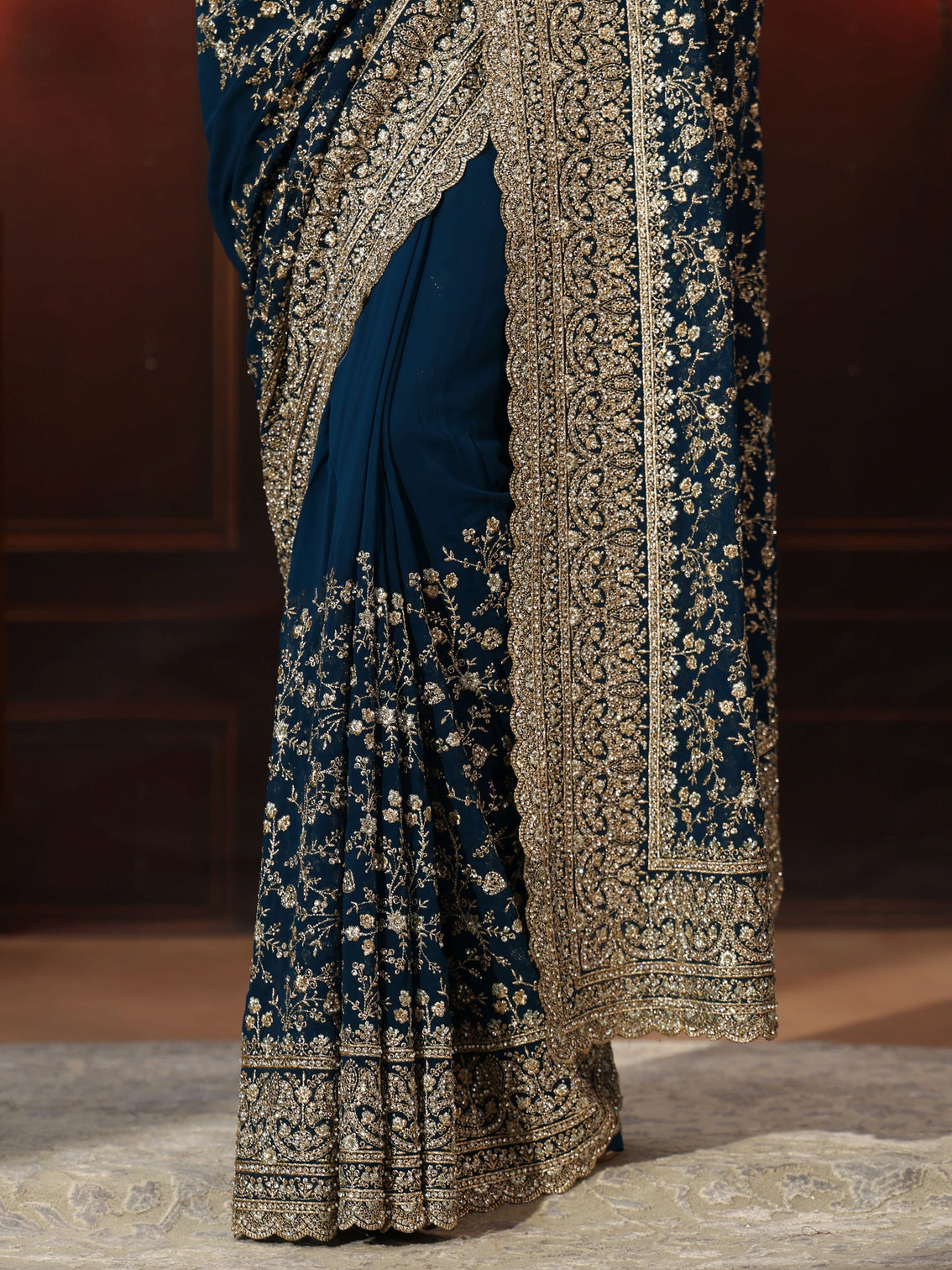 Mameraa Art Teal Blue Floral Embroidered Georgette Saree