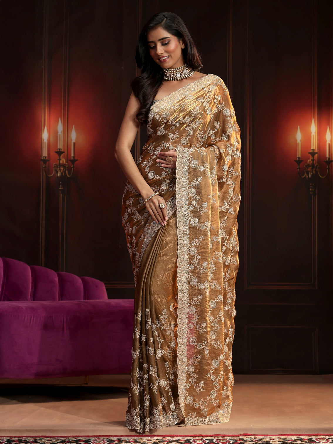 Mameraa Art Henna Green Floral Embellished Tissue Saree
