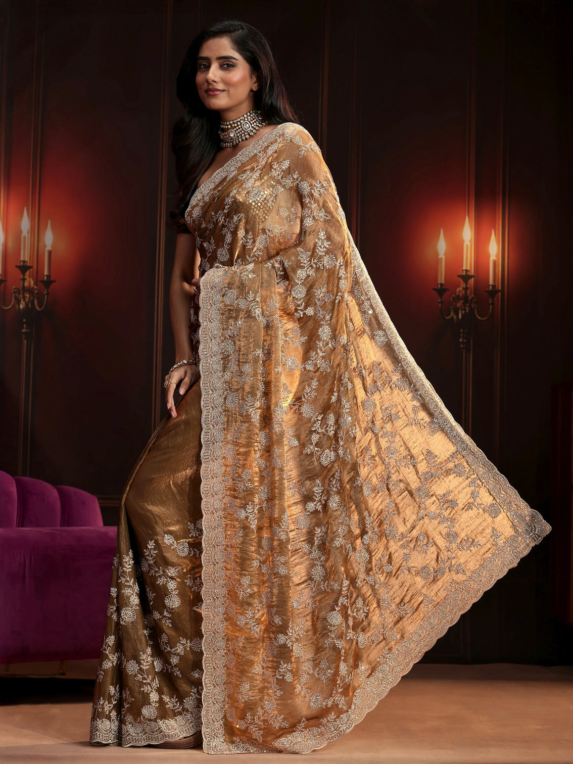 Mameraa Art Henna Green Floral Embellished Tissue Saree