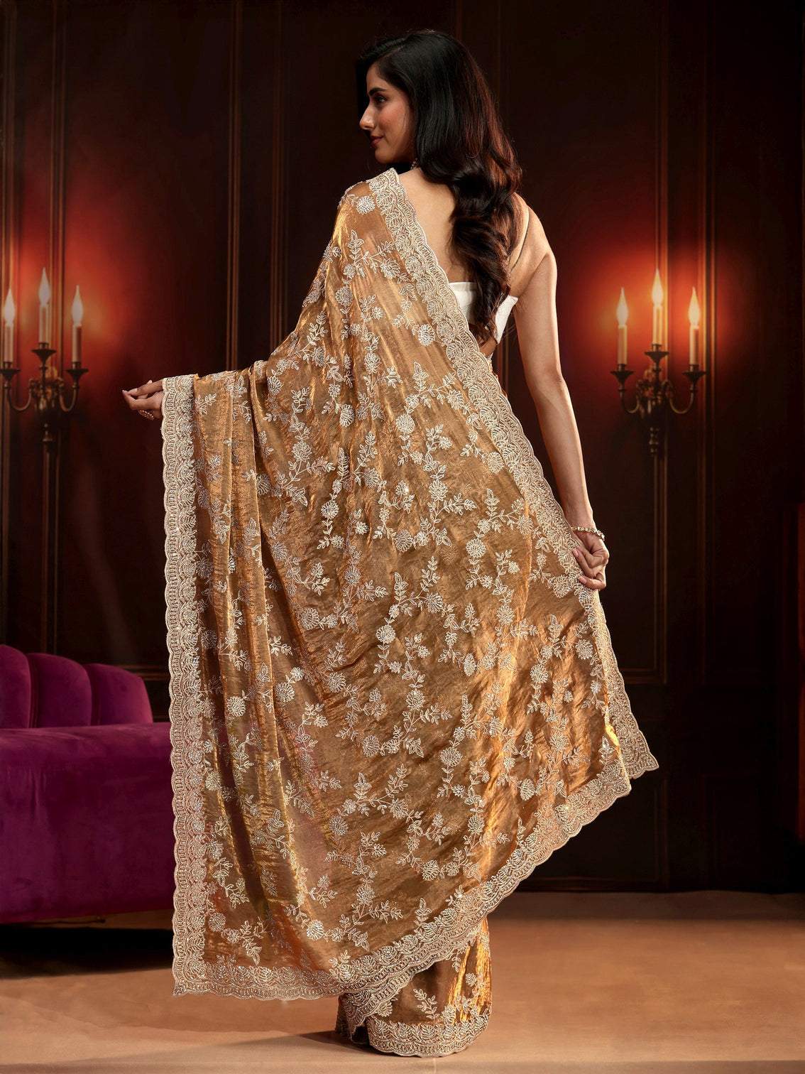 Mameraa Art Henna Green Floral Embellished Tissue Saree