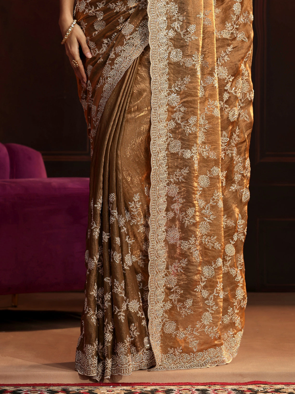 Mameraa Art Henna Green Floral Embellished Tissue Saree