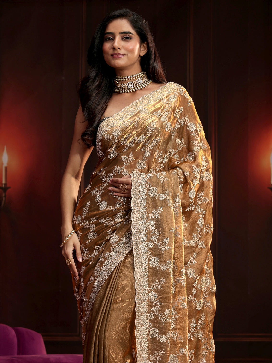 Mameraa Art Henna Green Floral Embellished Tissue Saree