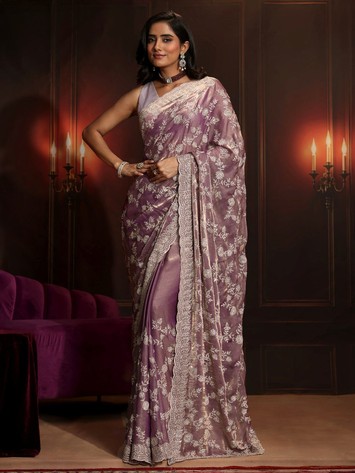 Mameraa Art Lavender Floral Embellished Tissue Saree