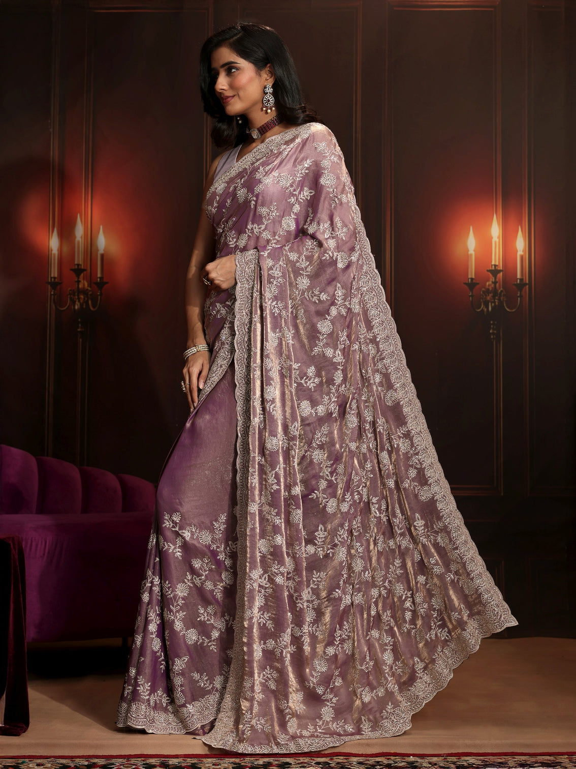 Mameraa Art Lavender Floral Embellished Tissue Saree