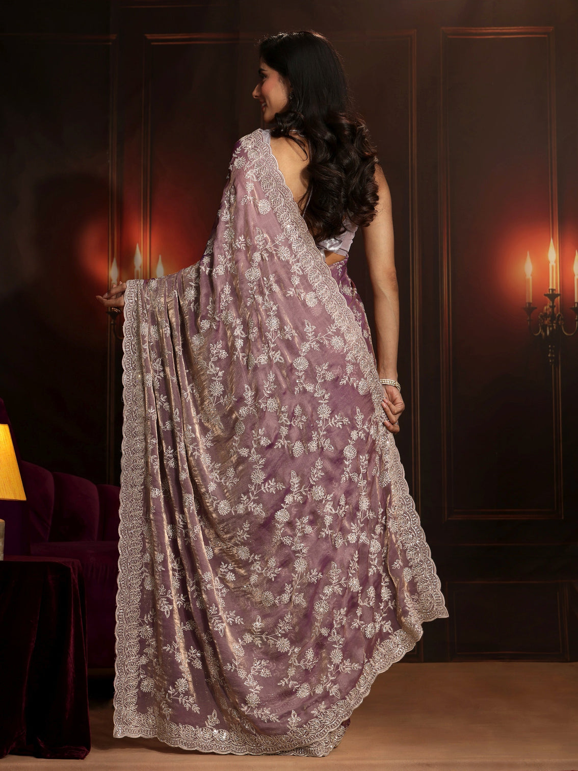 Mameraa Art Lavender Floral Embellished Tissue Saree