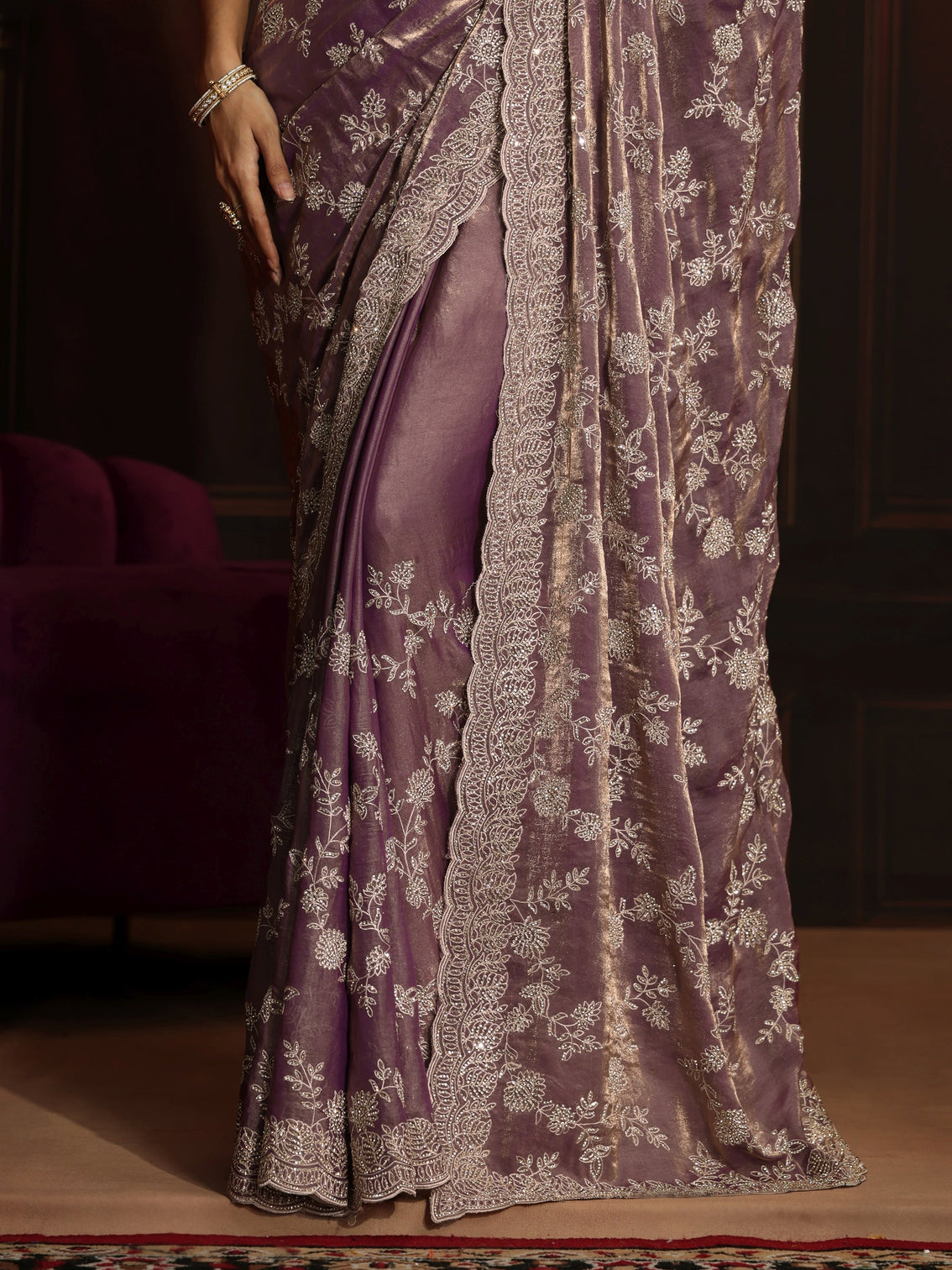 Mameraa Art Lavender Floral Embellished Tissue Saree