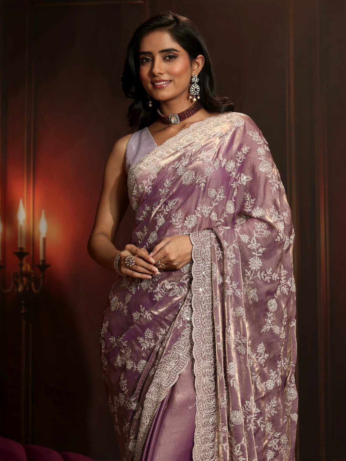 Mameraa Art Lavender Floral Embellished Tissue Saree