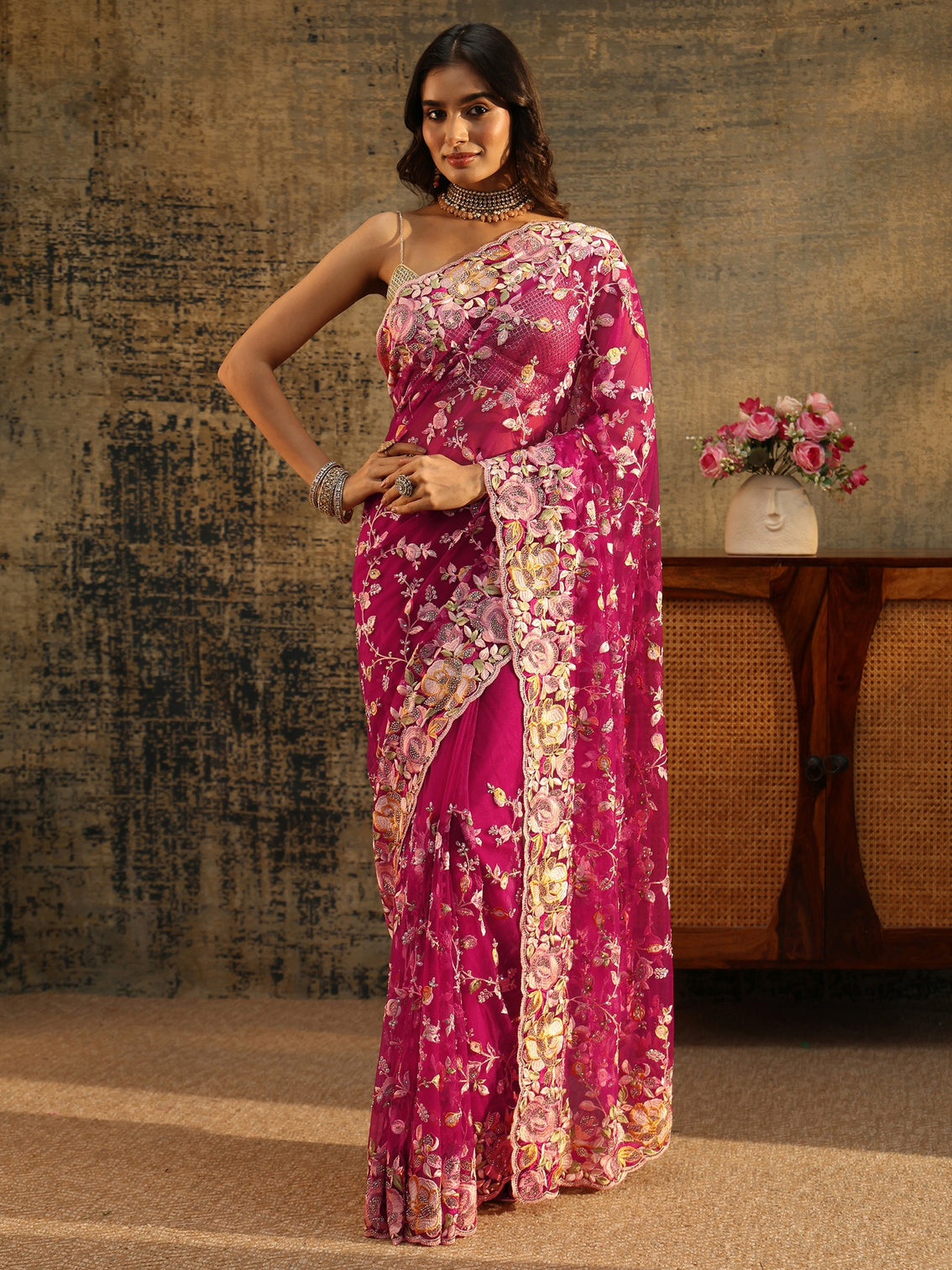 Mameraa Art Rani Pink Floral Embroidered Net Saree