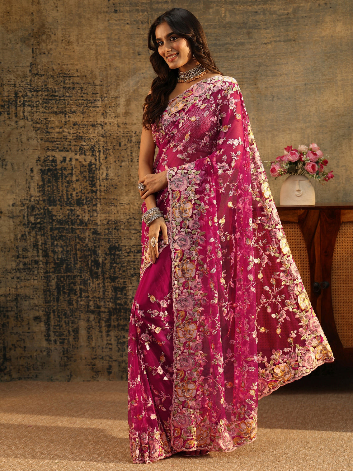 Mameraa Art Rani Pink Floral Embroidered Net Saree
