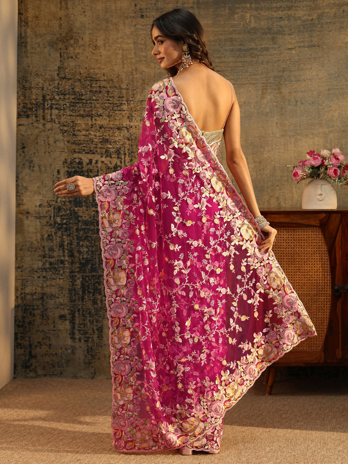 Mameraa Art Rani Pink Floral Embroidered Net Saree