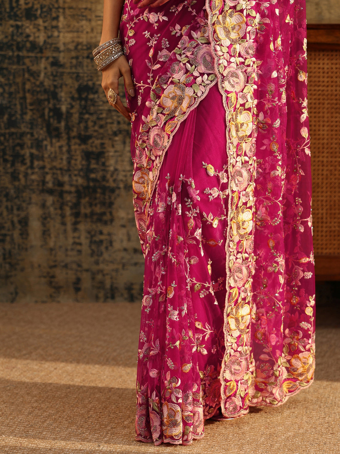 Mameraa Art Rani Pink Floral Embroidered Net Saree