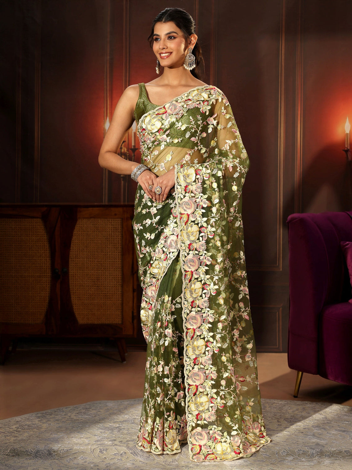 Mameraa Art Olive Green Floral Embroidered Net Saree