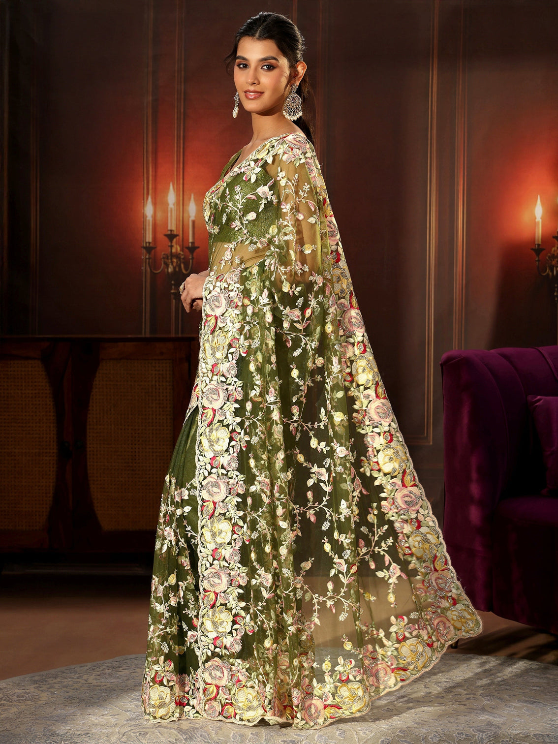 Mameraa Art Olive Green Floral Embroidered Net Saree