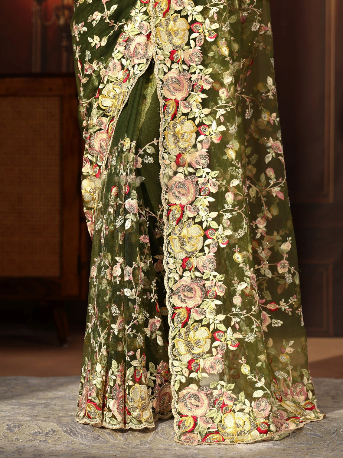 Mameraa Art Olive Green Floral Embroidered Net Saree