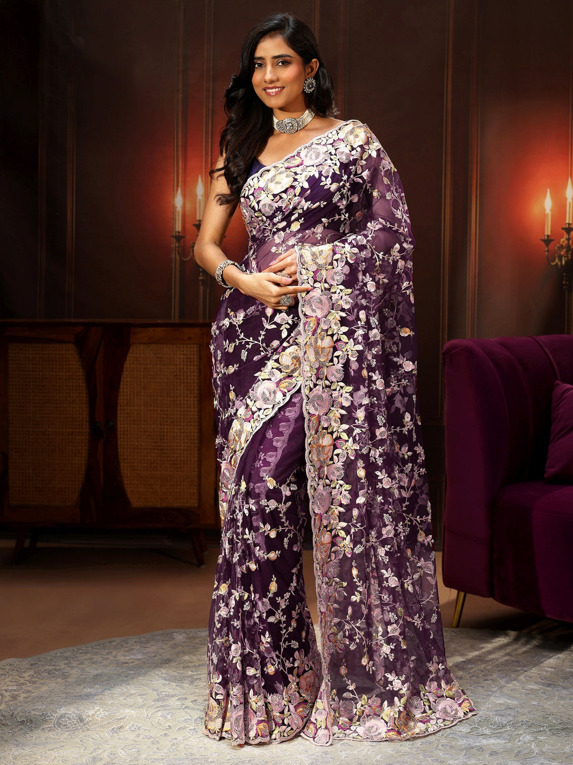 Mameraa Art Plum Purple Floral Embroidered Net Saree