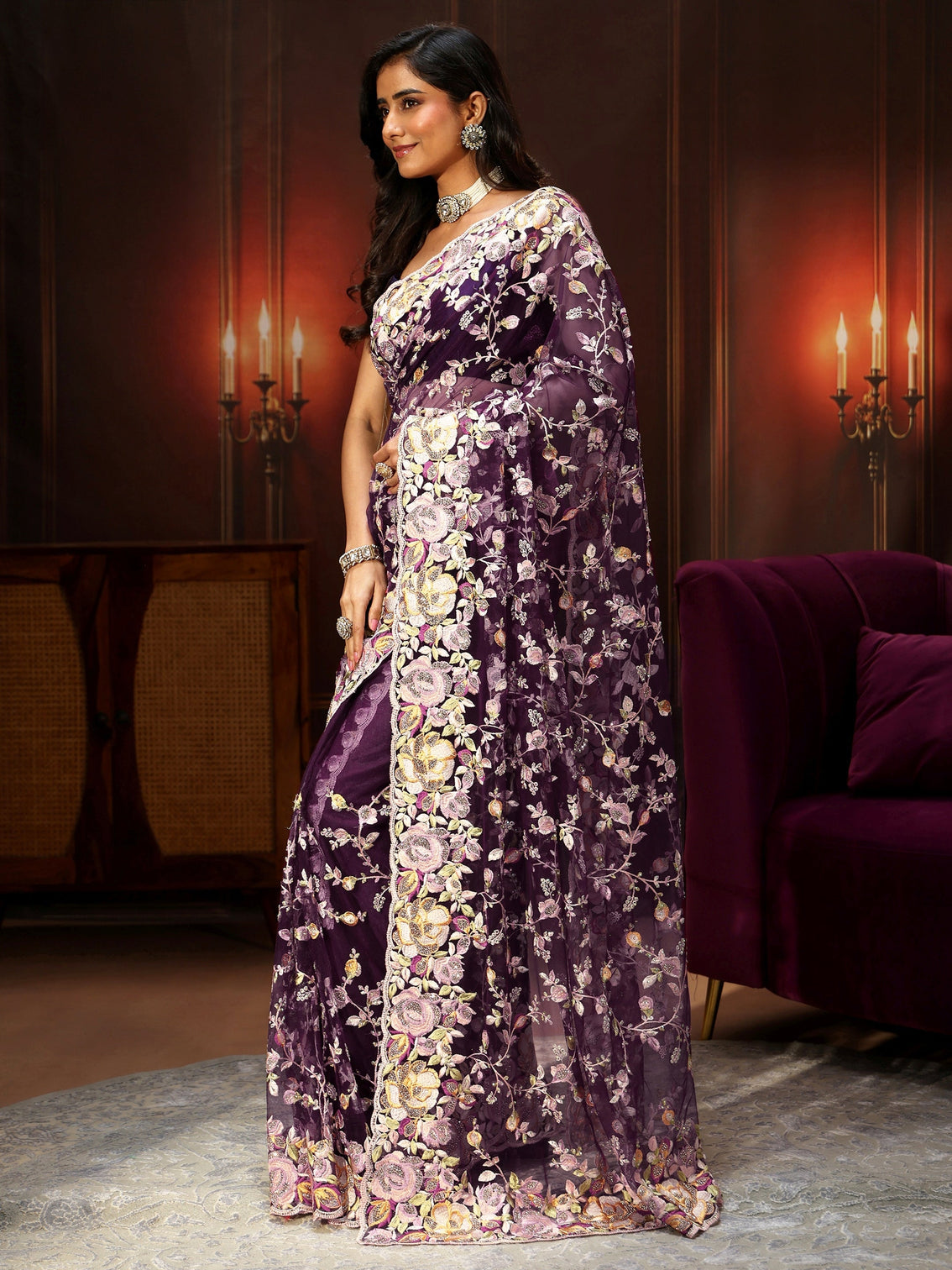 Mameraa Art Plum Purple Floral Embroidered Net Saree