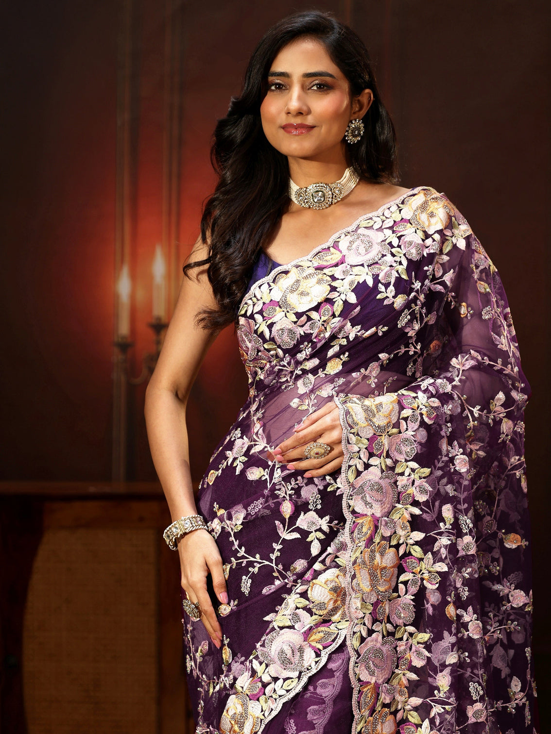 Mameraa Art Plum Purple Floral Embroidered Net Saree