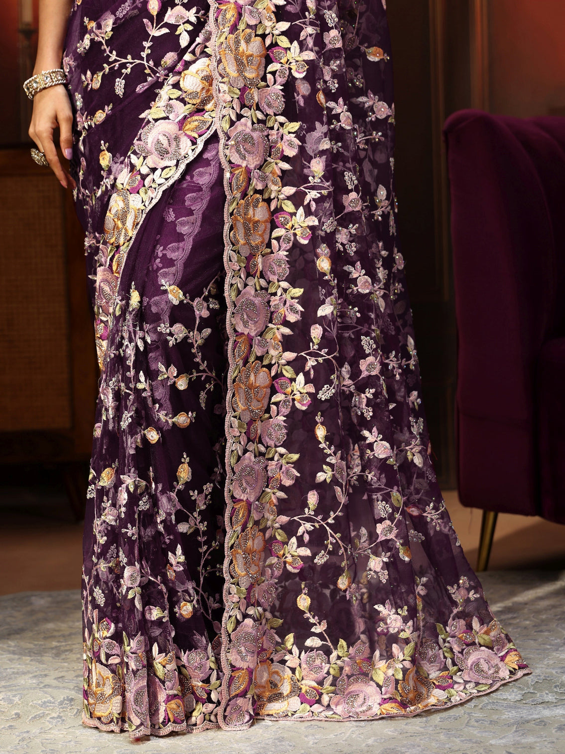 Mameraa Art Plum Purple Floral Embroidered Net Saree