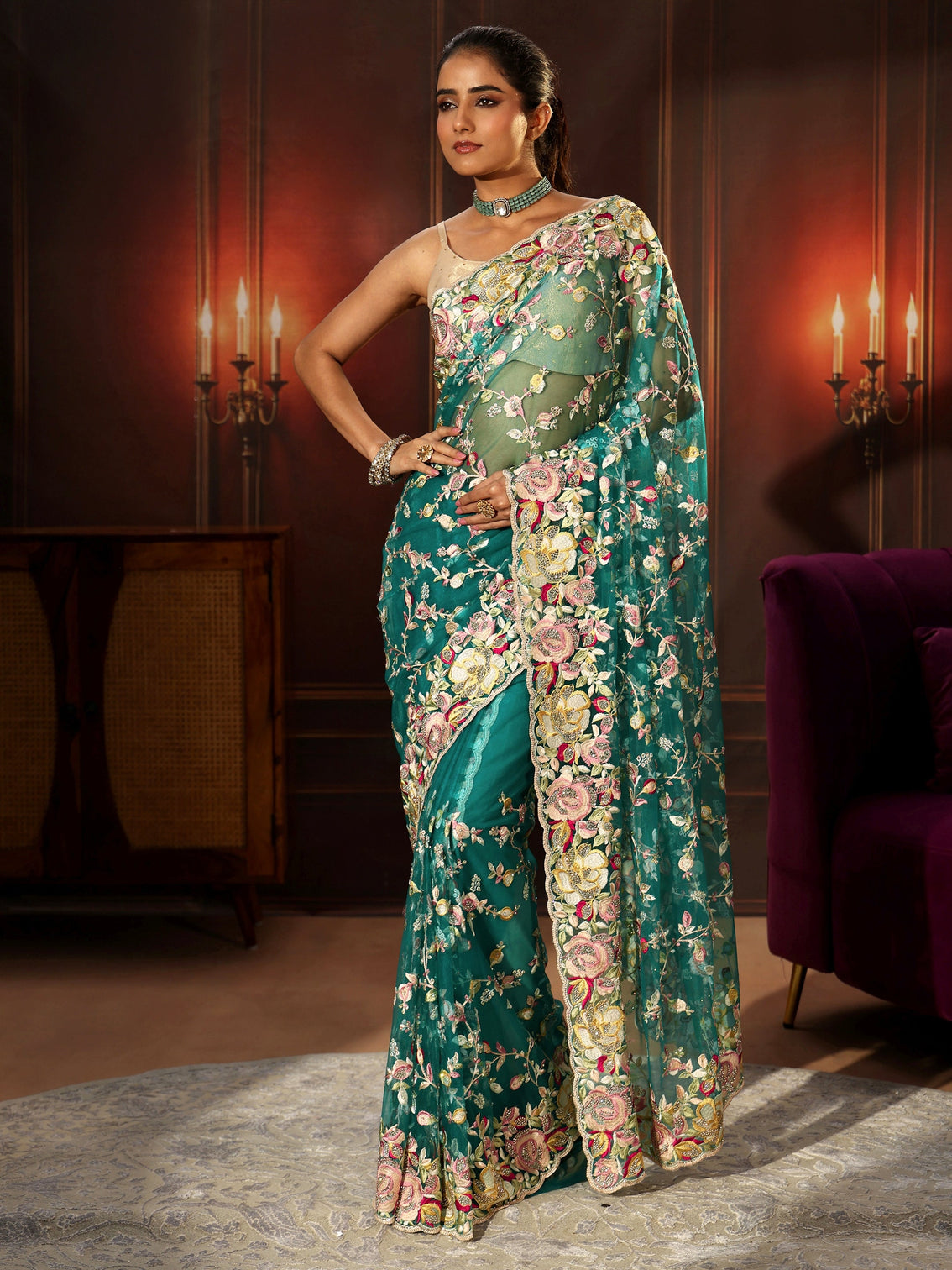 Mameraa Art Sea Green Floral Embroidered Net Saree