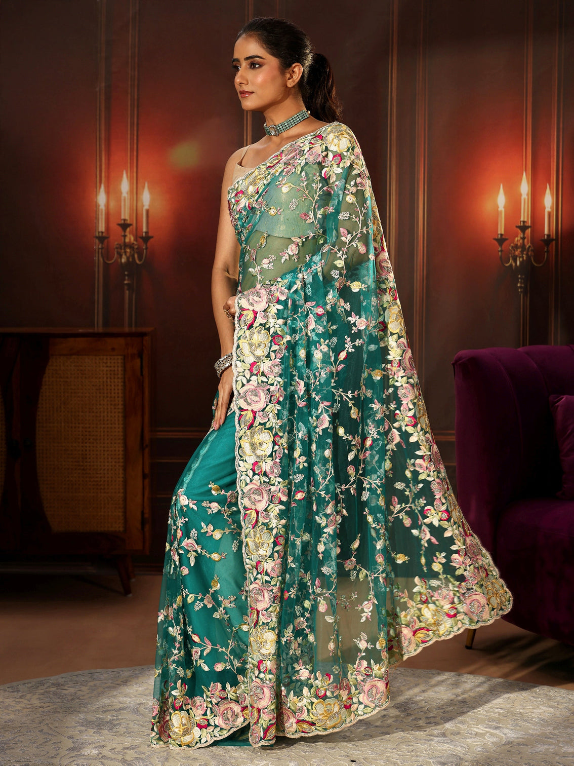 Mameraa Art Sea Green Floral Embroidered Net Saree
