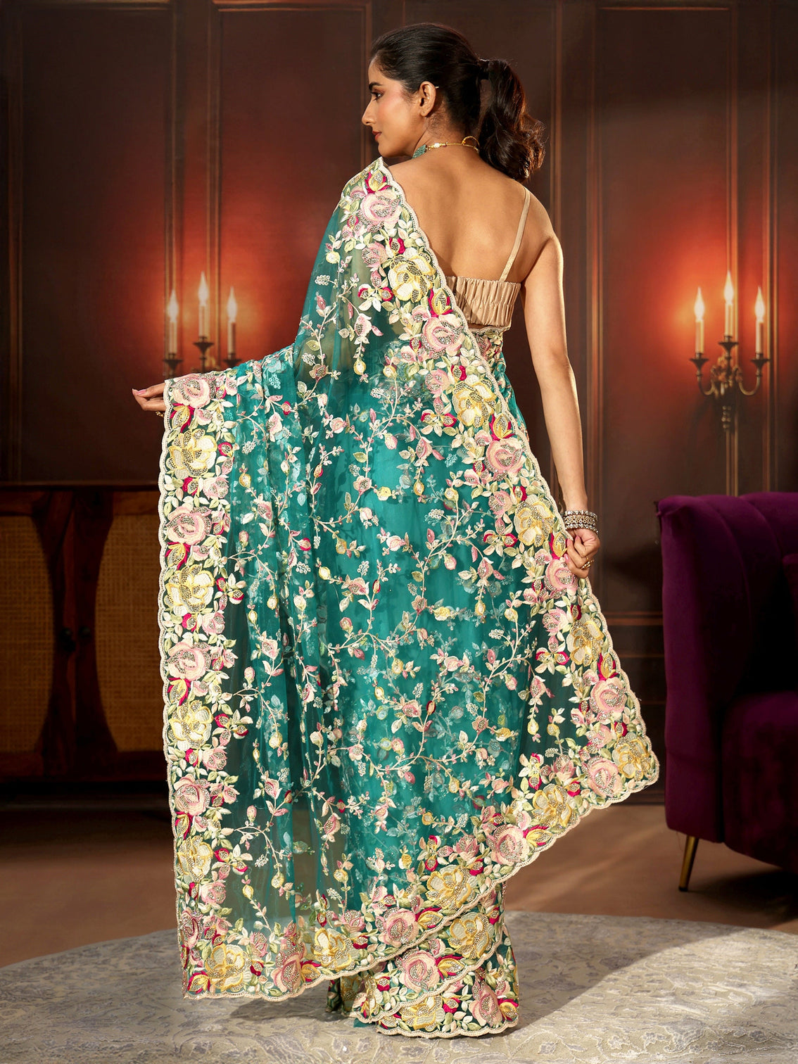 Mameraa Art Sea Green Floral Embroidered Net Saree