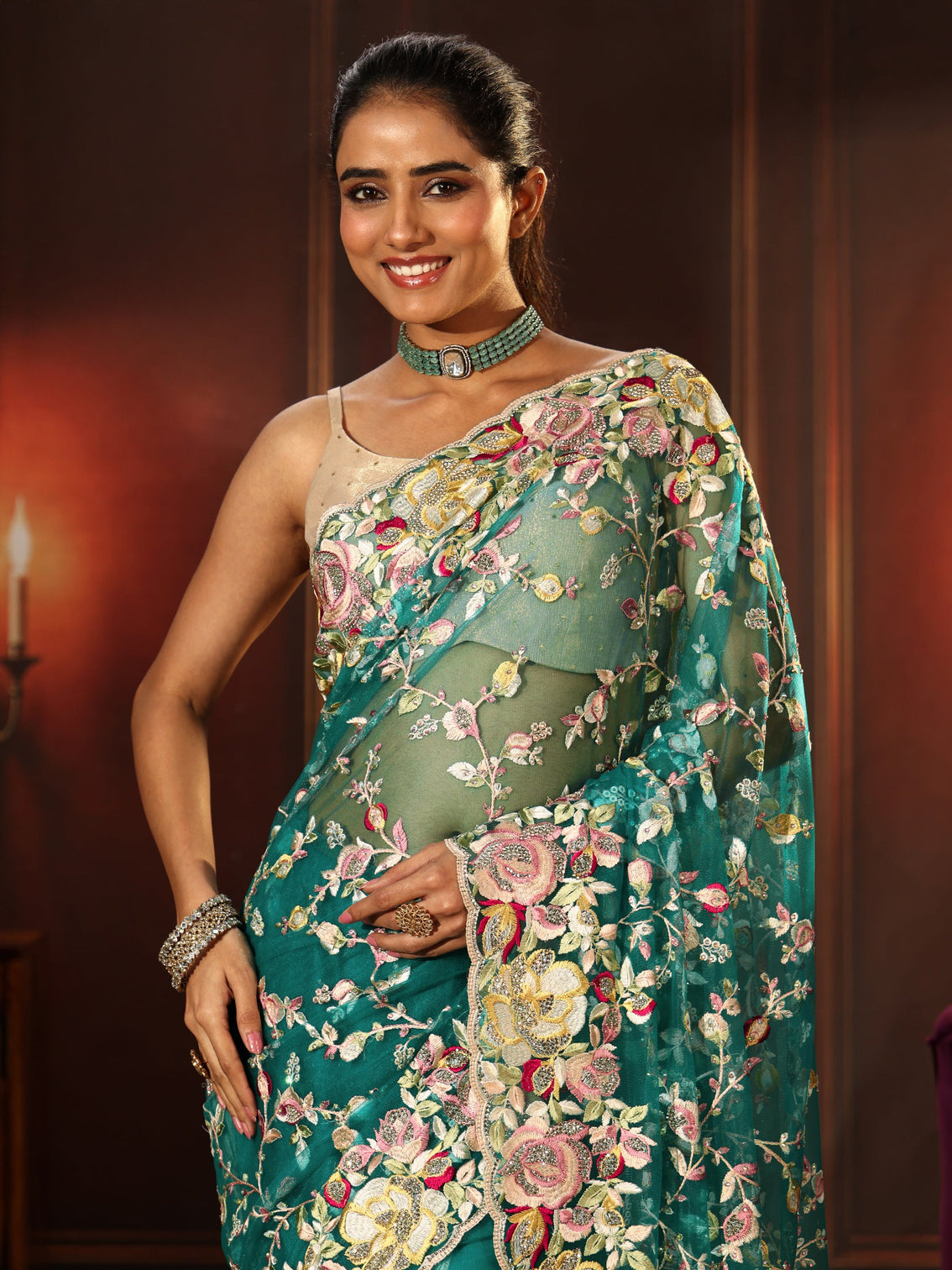 Mameraa Art Sea Green Floral Embroidered Net Saree