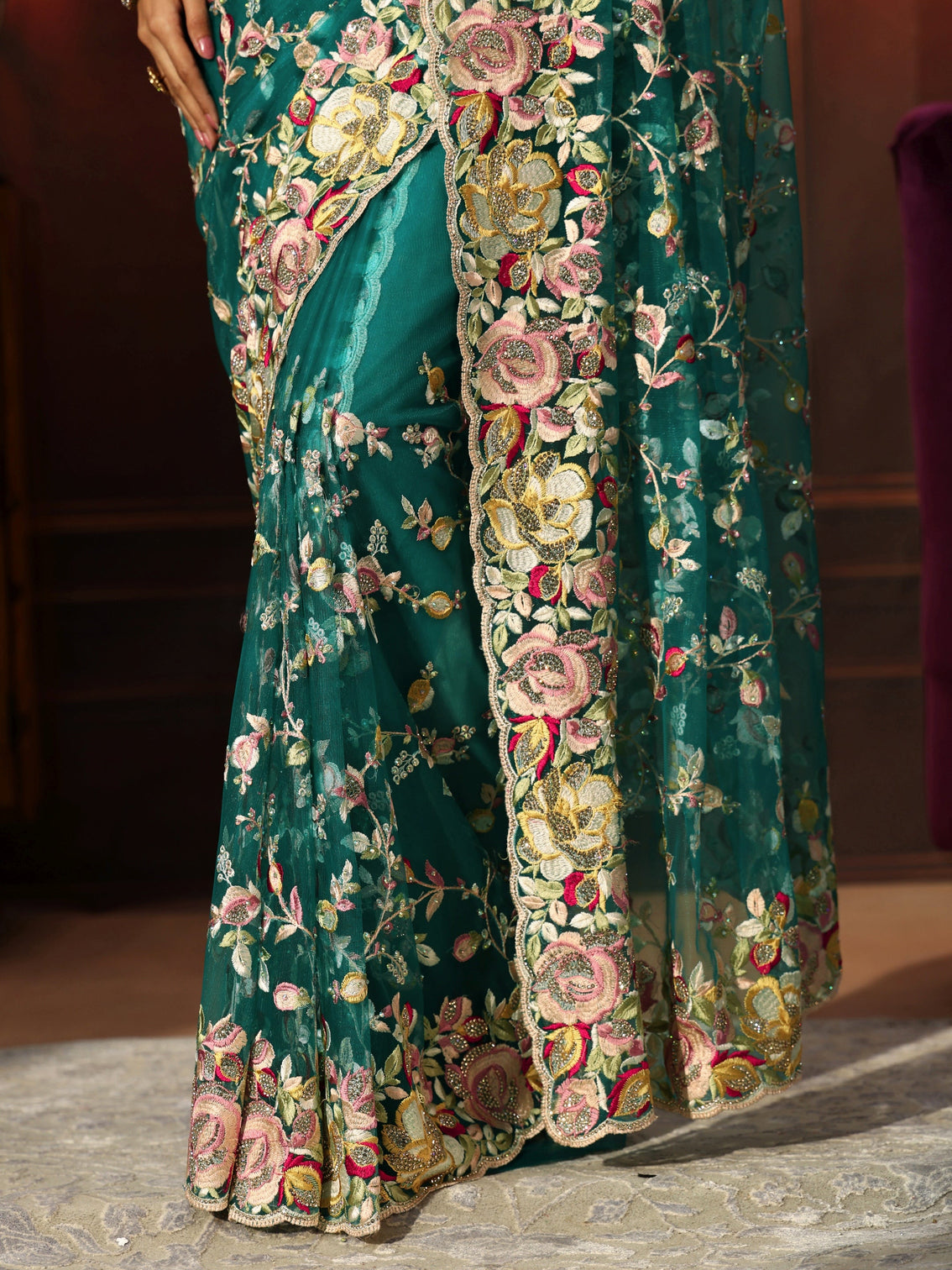 Mameraa Art Sea Green Floral Embroidered Net Saree