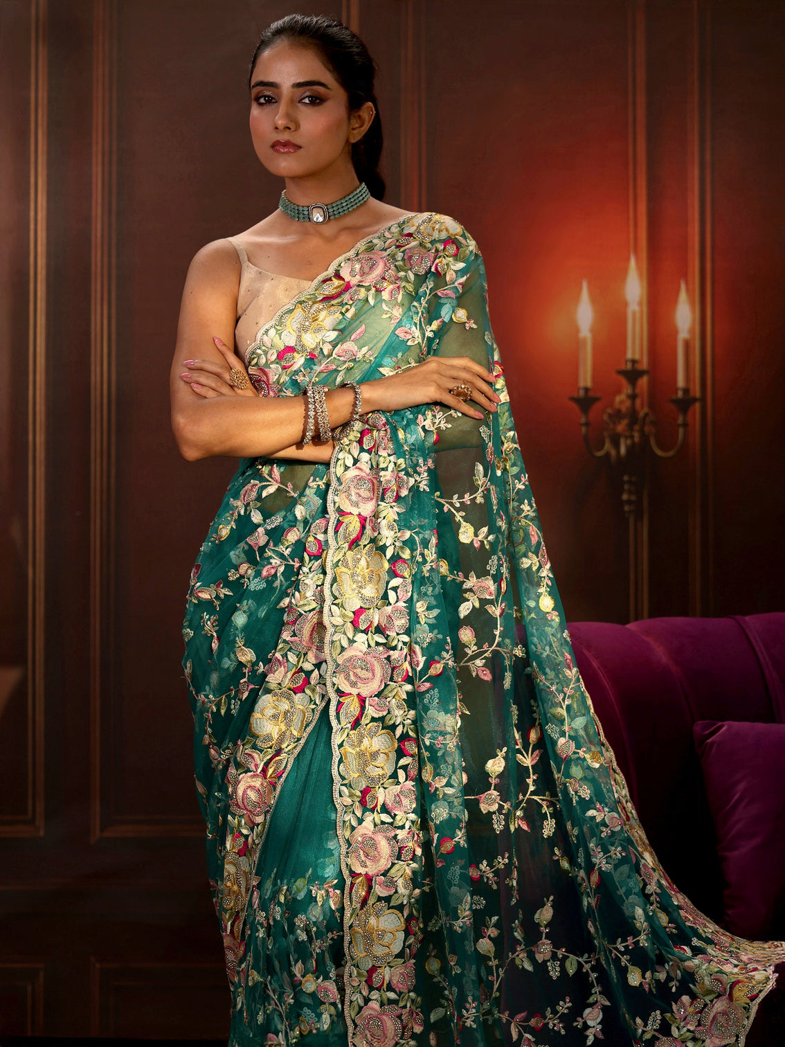 Mameraa Art Sea Green Floral Embroidered Net Saree