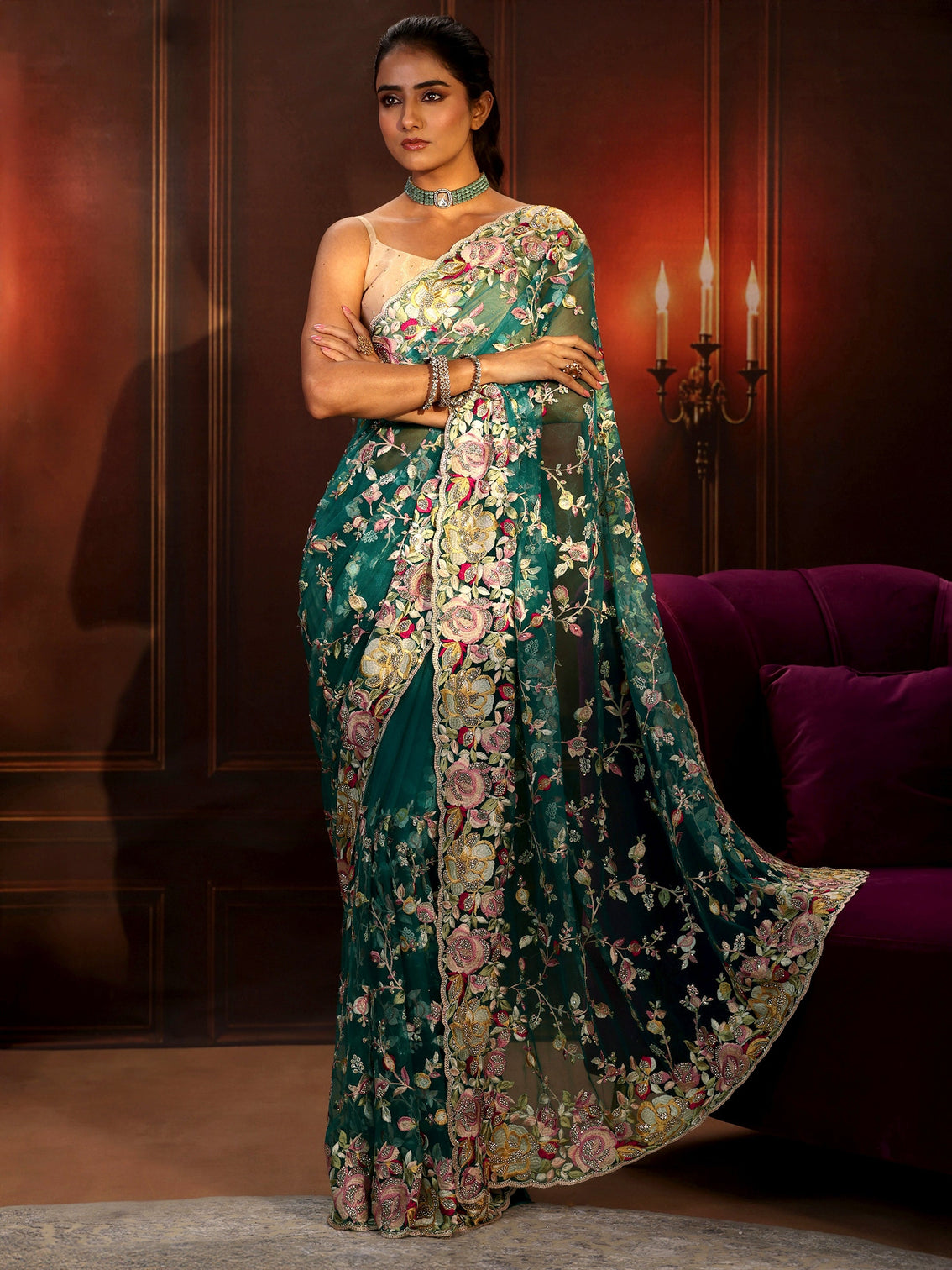 Mameraa Art Sea Green Floral Embroidered Net Saree