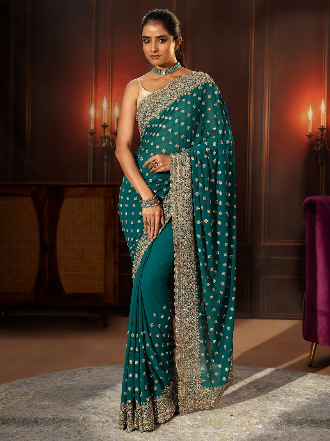 Mameraa Art Peacock Green Embellished Georgette Saree