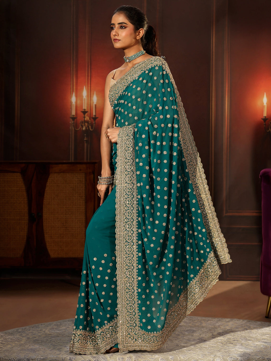 Mameraa Art Peacock Green Embellished Georgette Saree
