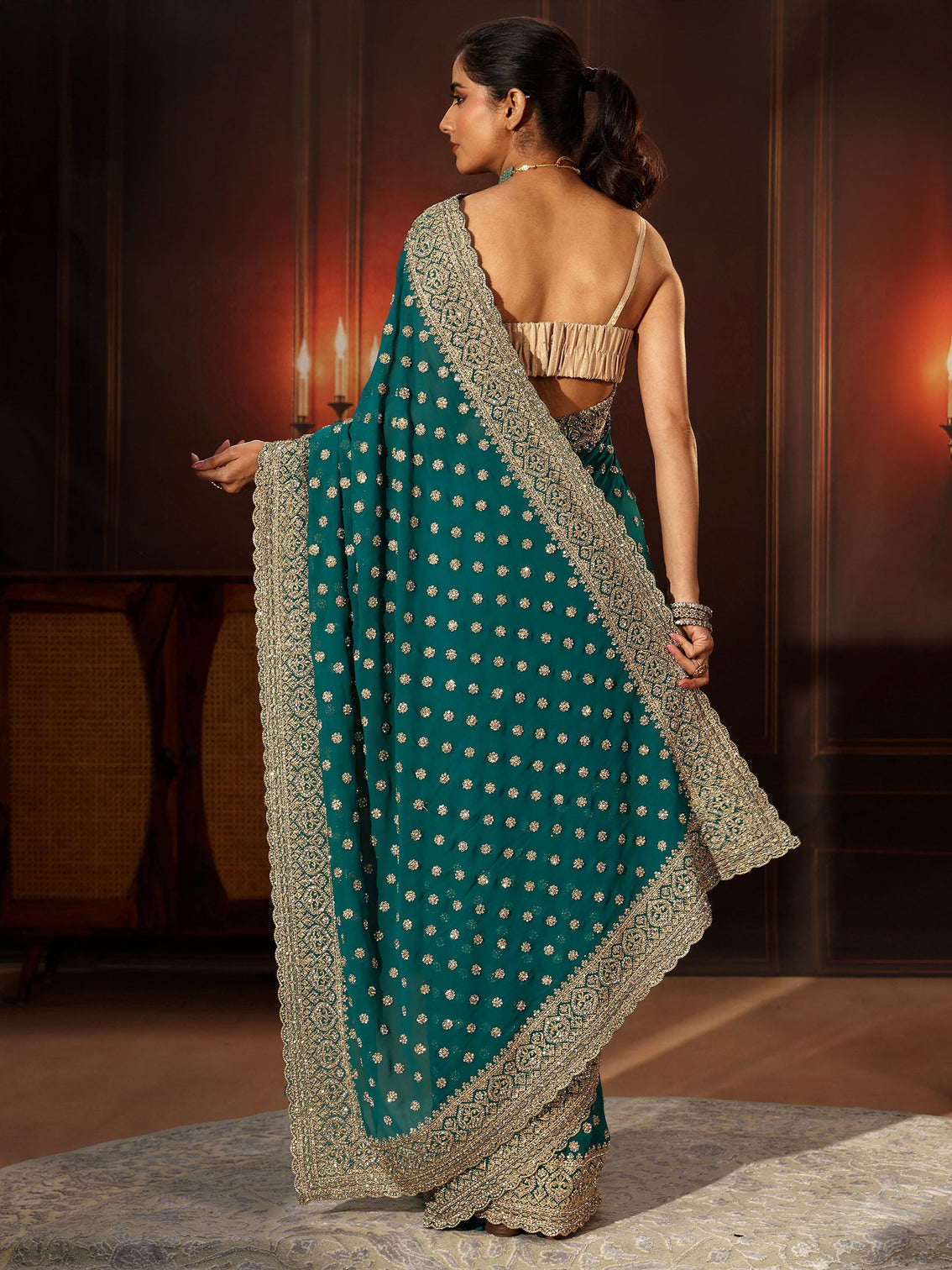 Mameraa Art Peacock Green Embellished Georgette Saree