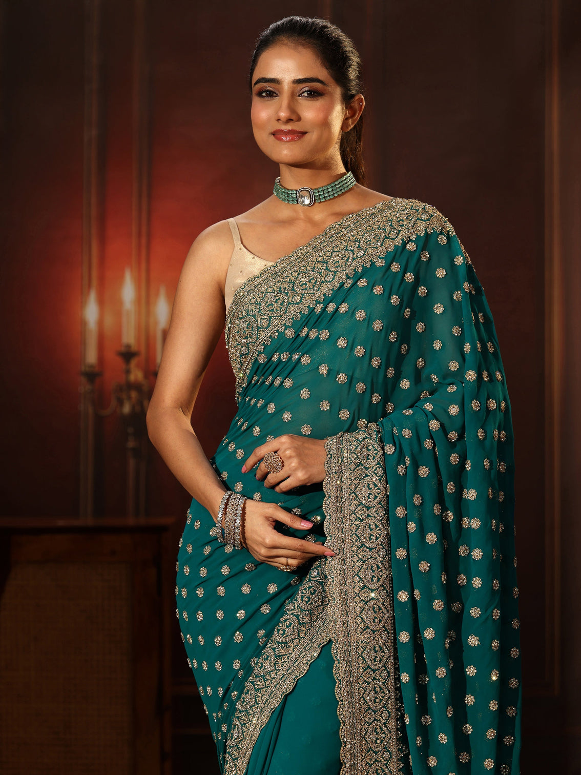 Mameraa Art Peacock Green Embellished Georgette Saree