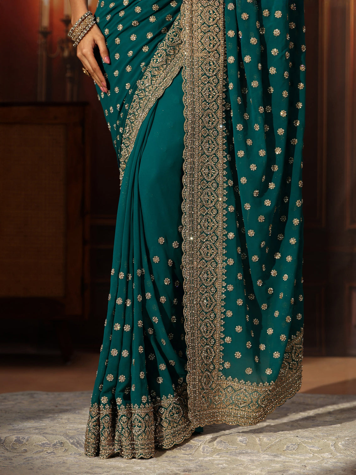 Mameraa Art Peacock Green Embellished Georgette Saree
