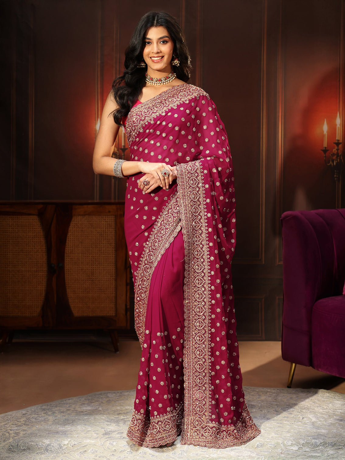 Mameraa Art Magenta Pink Embellished Georgette Saree
