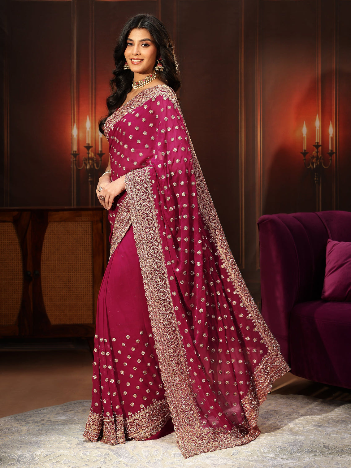 Mameraa Art Magenta Pink Embellished Georgette Saree